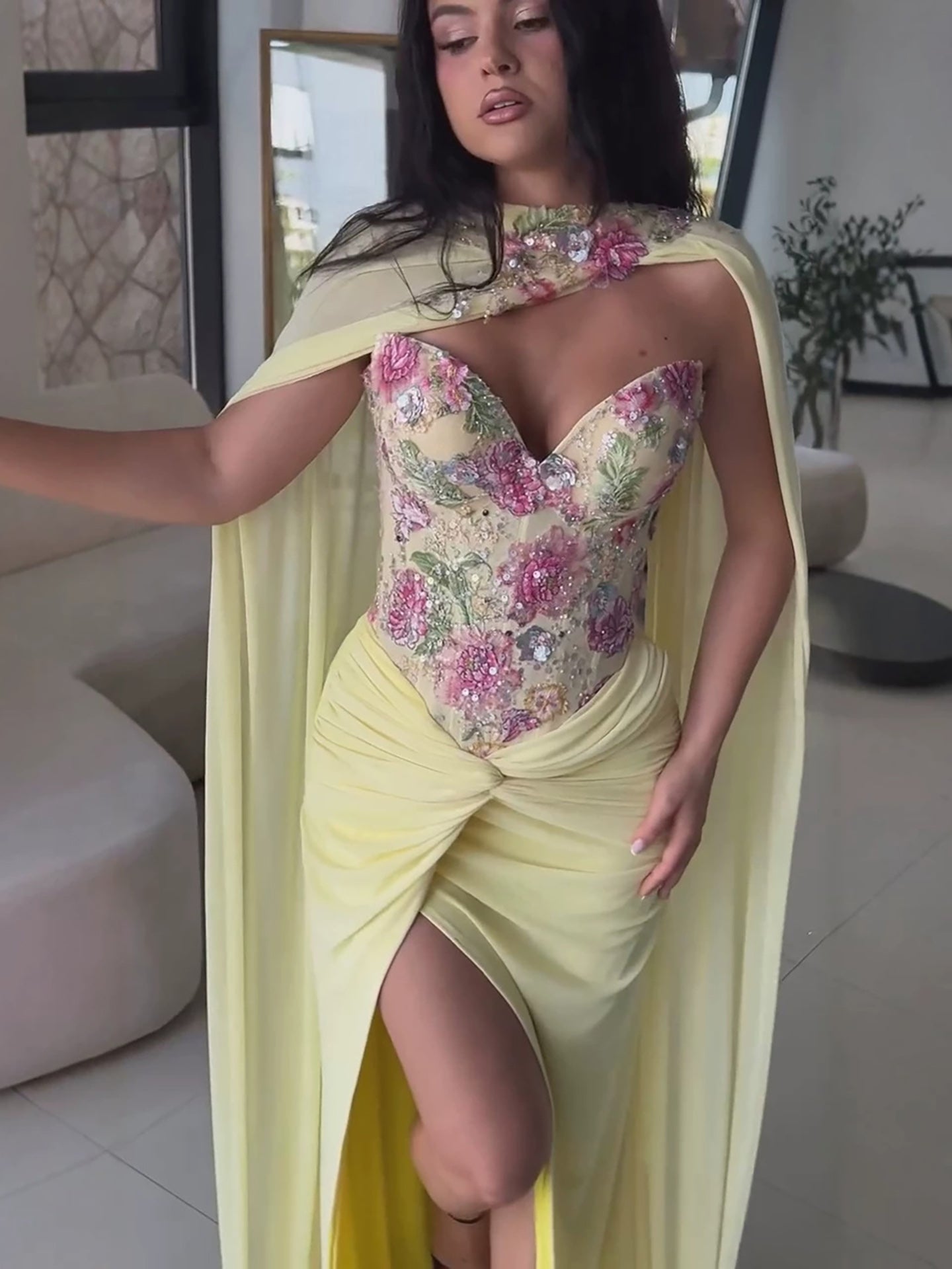 Luxury Yellow Floral Embroidered Corset Evening Gown with Cape LA73810