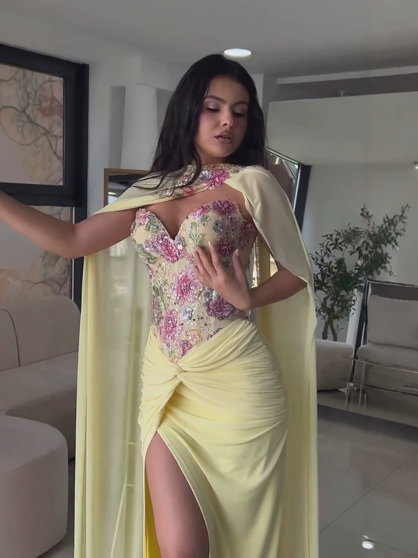 Luxury Yellow Floral Embroidered Corset Evening Gown with Cape LA73810