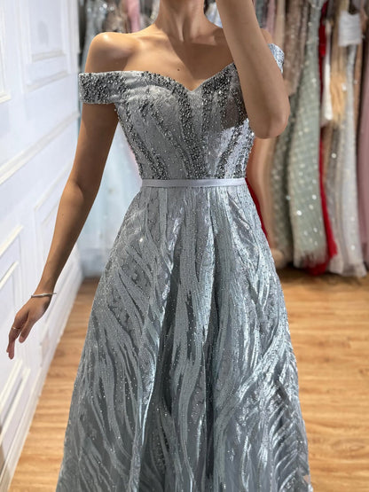 Luxury Caramel Off the Shoulder Beaded A Line Evening Dress LA73811