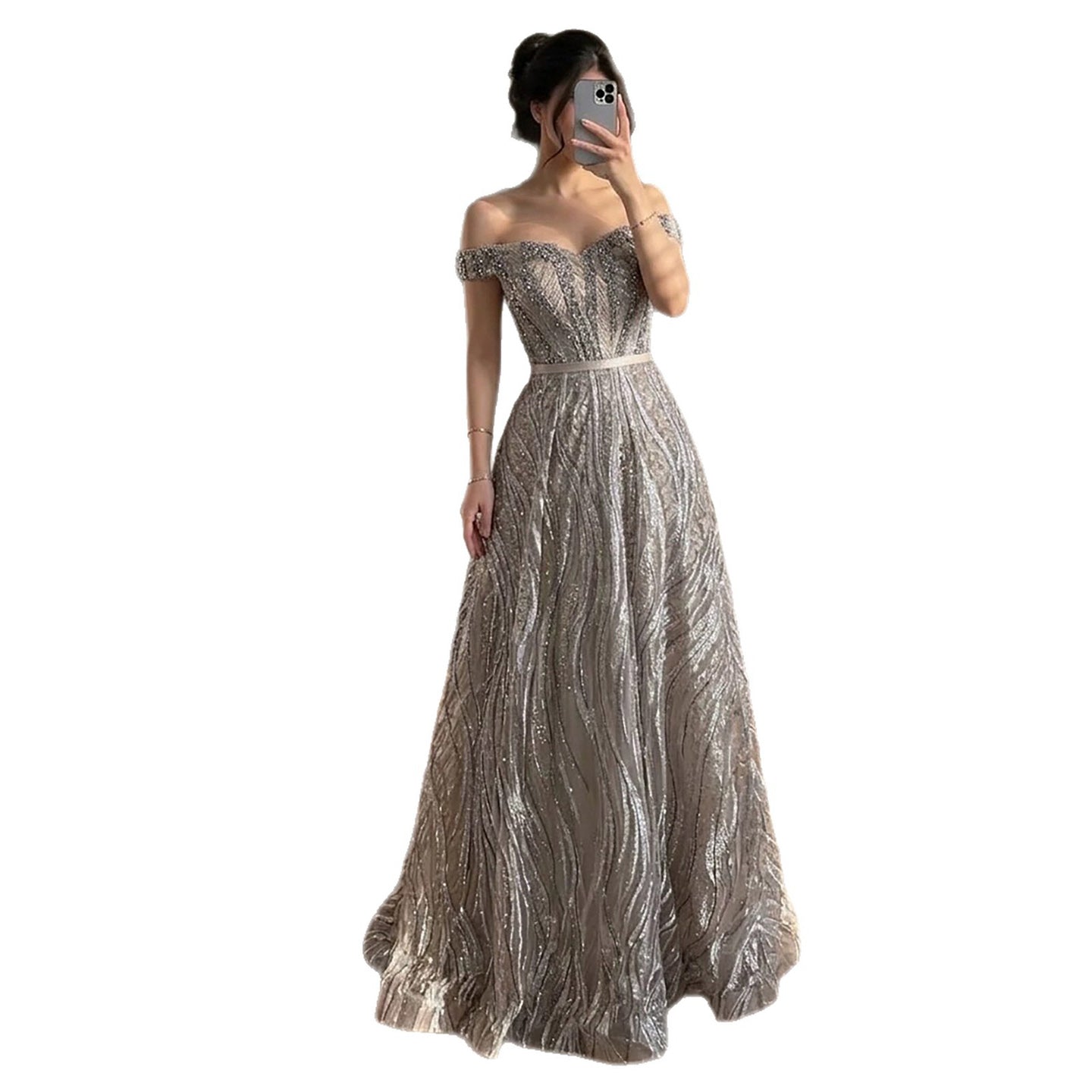 Luxury Caramel Off the Shoulder Beaded A Line Evening Dress LA73811