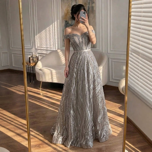 Luxury Caramel Off the Shoulder Beaded A Line Evening Dress LA73811