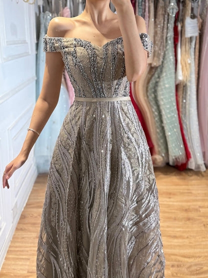 Luxury Caramel Off the Shoulder Beaded A Line Evening Dress LA73811