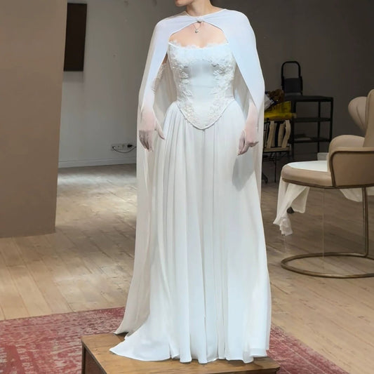 Luxury White Strapless Satin Corset Wedding Gown with Cape LA73813