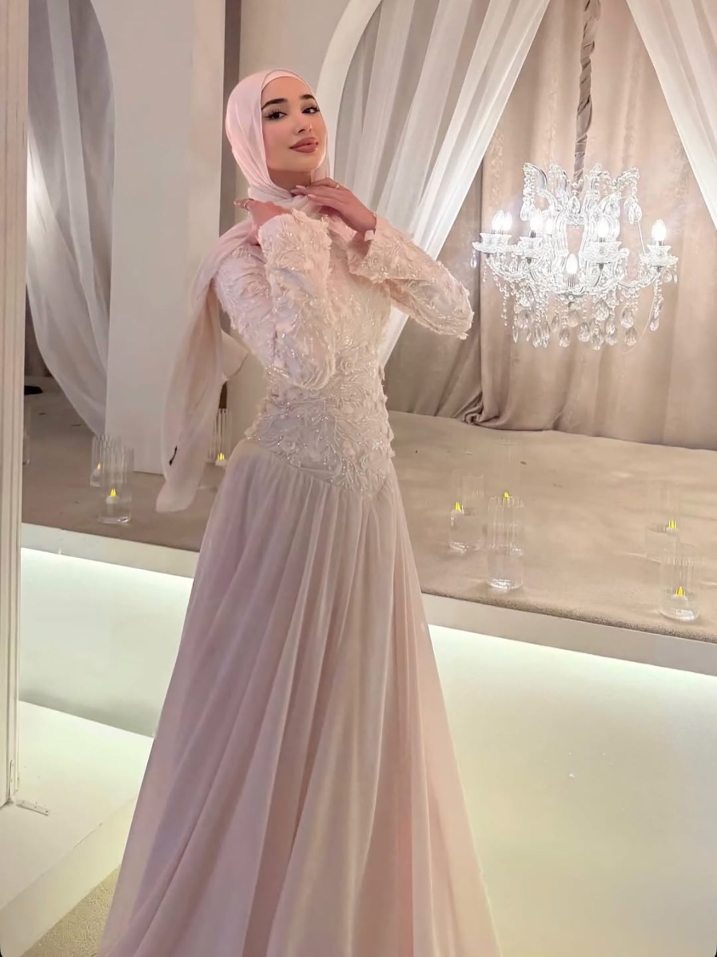 Luxury Pink High Neck 3D Floral Long Sleeve Muslim Wedding Dress LA73814