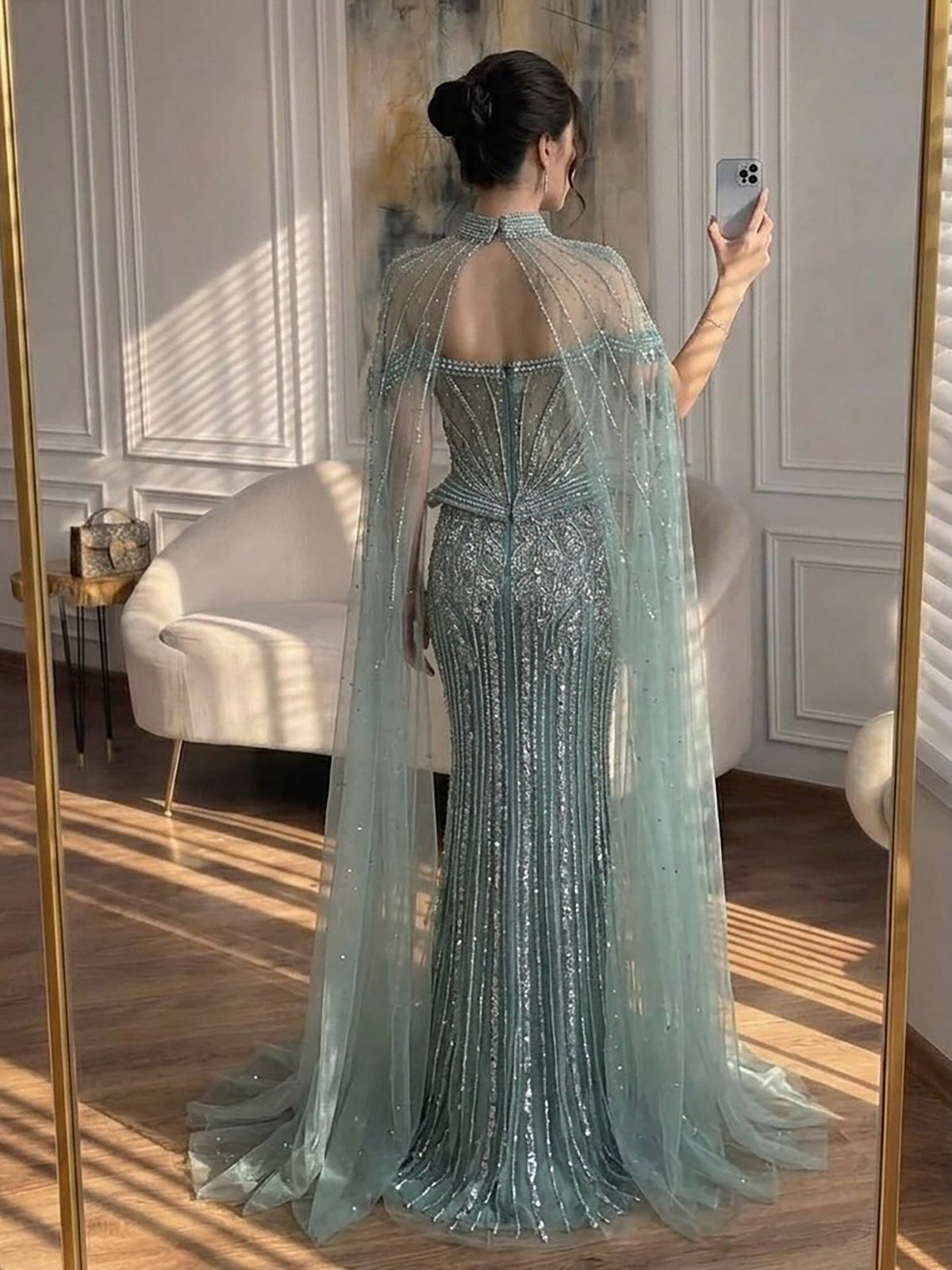 Luxury Nude Crystal Beaded Mermaid Gown with High Neck Cape LA73816