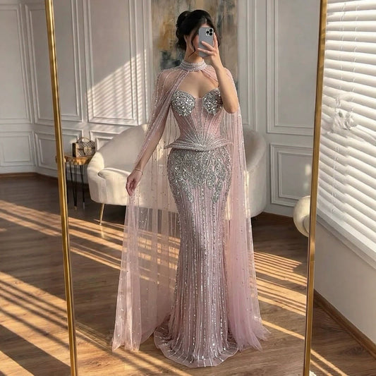 Luxury Nude Crystal Beaded Mermaid Gown with High Neck Cape LA73816