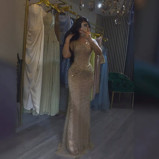 Luxury Gold Crystal Beaded Strapless Mermaid Evening Dress LA73818
