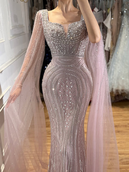Luxury Turquoise Beaded Mermaid Gown with Cape Sleeves LA73819