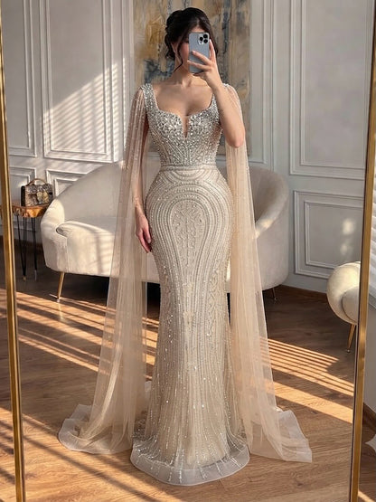 Luxury Turquoise Beaded Mermaid Gown with Cape Sleeves LA73819
