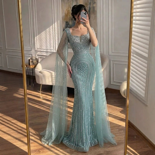 Luxury Turquoise Beaded Mermaid Gown with Cape Sleeves LA73819