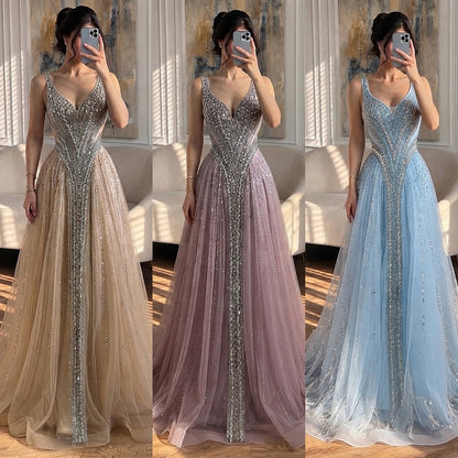 Luxury Light Blue Crystal Beaded V Neck A Line Evening Dress LA73824