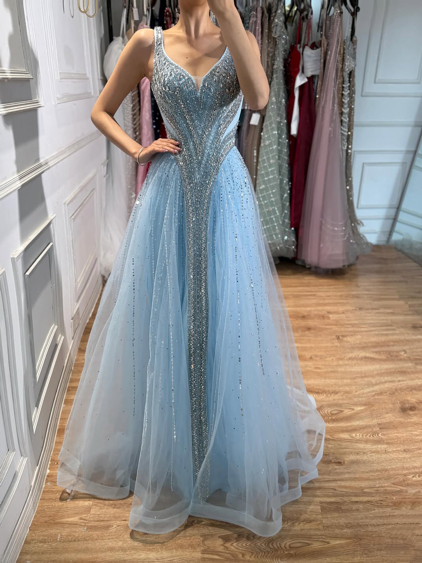 Luxury Light Blue Crystal Beaded V Neck A Line Evening Dress LA73824