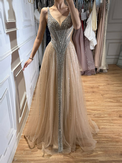 Luxury Light Blue Crystal Beaded V Neck A Line Evening Dress LA73824