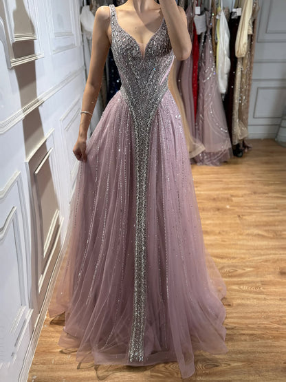 Luxury Light Blue Crystal Beaded V Neck A Line Evening Dress LA73824