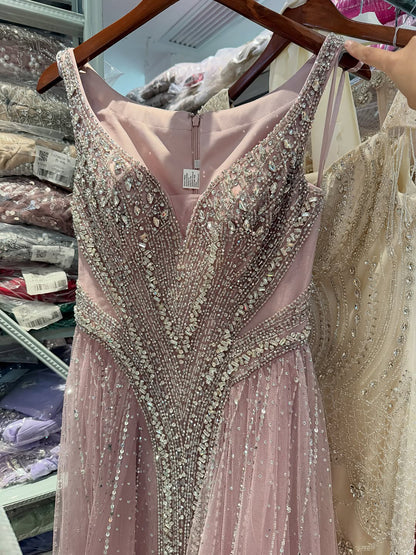Luxury Light Blue Crystal Beaded V Neck A Line Evening Dress LA73824