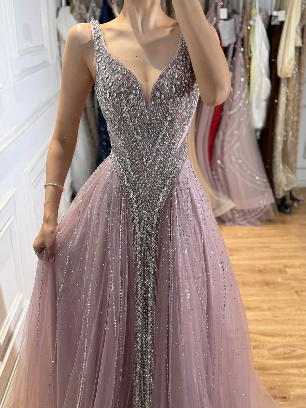 Luxury Light Blue Crystal Beaded V Neck A Line Evening Dress LA73824