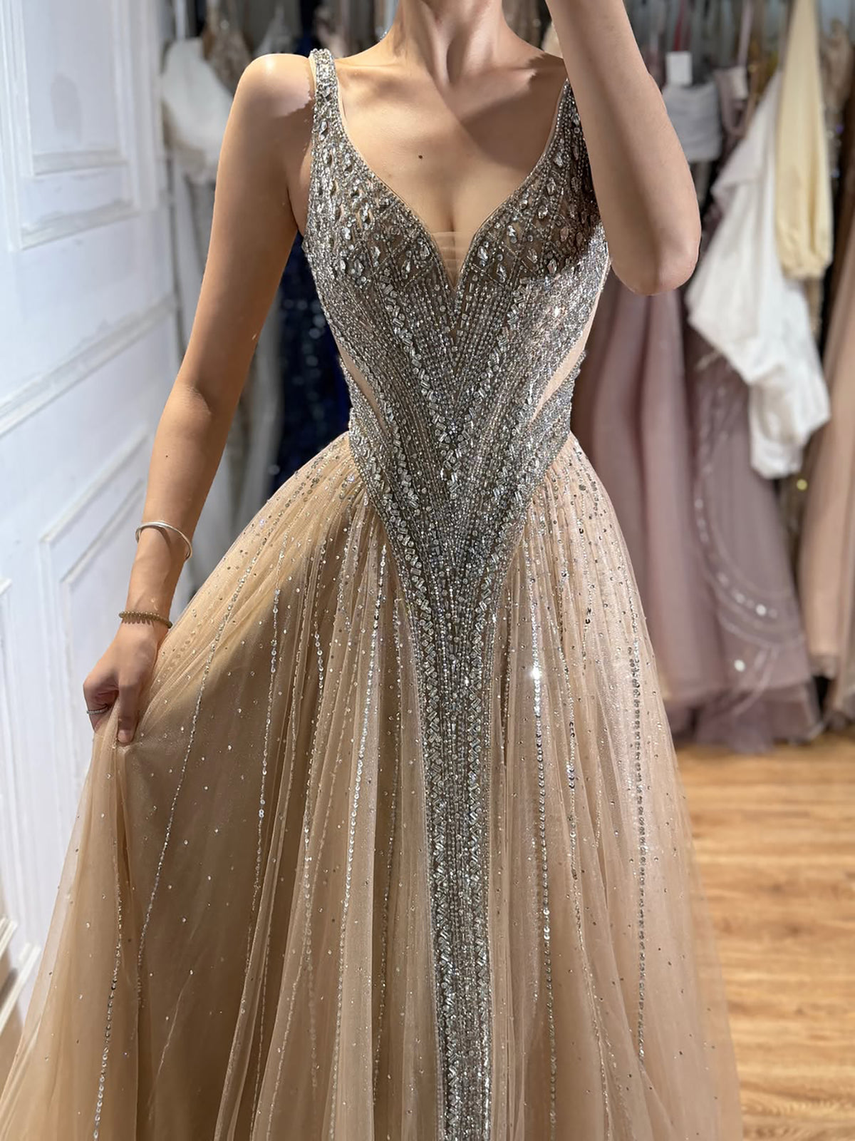 Luxury Light Blue Crystal Beaded V Neck A Line Evening Dress LA73824