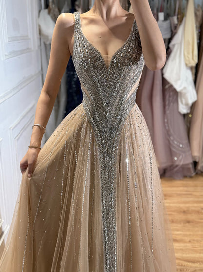 Luxury Light Blue Crystal Beaded V Neck A Line Evening Dress LA73824