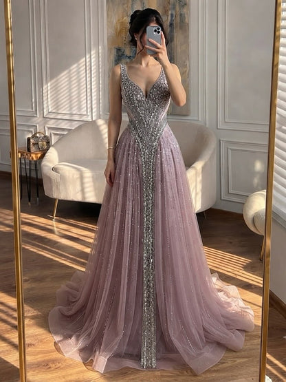 Luxury Light Blue Crystal Beaded V Neck A Line Evening Dress LA73824