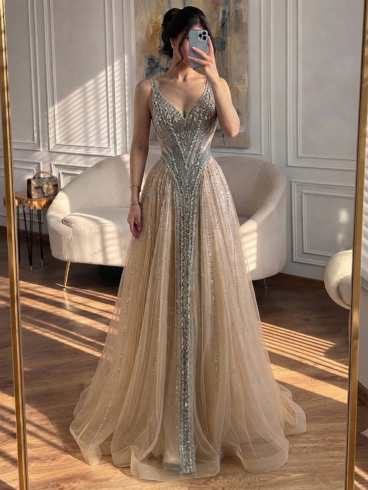 Luxury Light Blue Crystal Beaded V Neck A Line Evening Dress LA73824