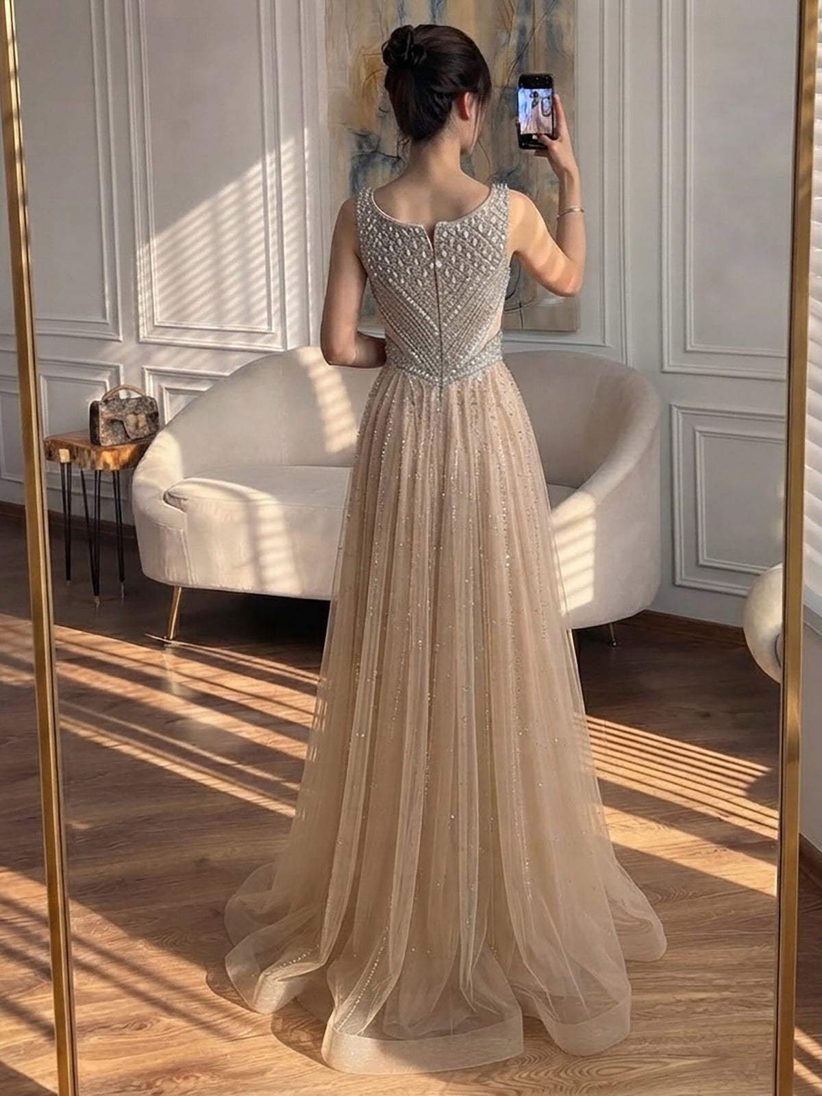 Luxury Light Blue Crystal Beaded V Neck A Line Evening Dress LA73824