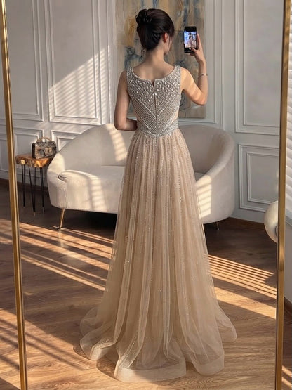 Luxury Light Blue Crystal Beaded V Neck A Line Evening Dress LA73824