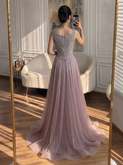 Luxury Light Blue Crystal Beaded V Neck A Line Evening Dress LA73824