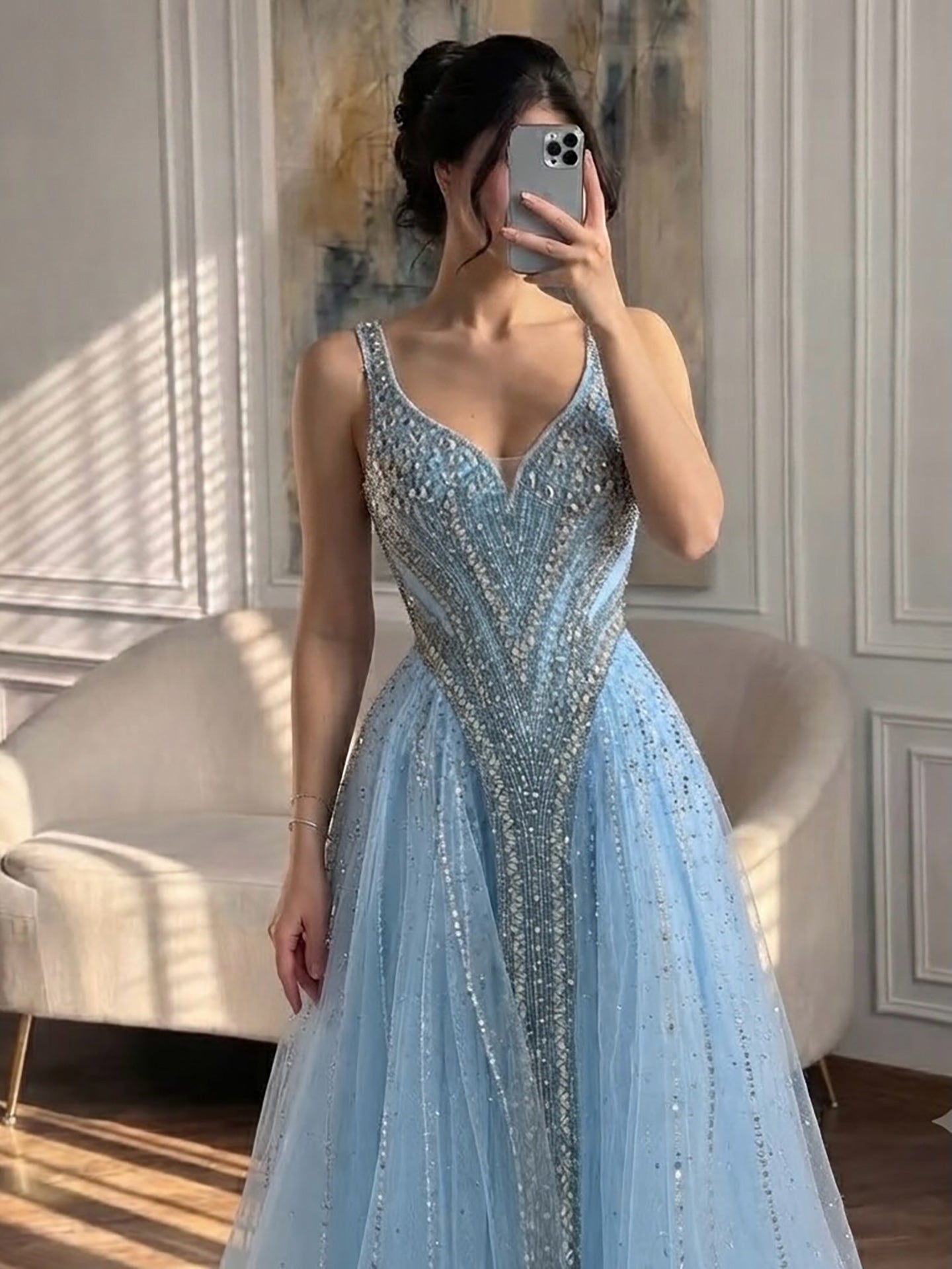 Luxury Light Blue Crystal Beaded V Neck A Line Evening Dress LA73824