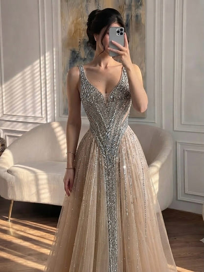 Luxury Light Blue Crystal Beaded V Neck A Line Evening Dress LA73824