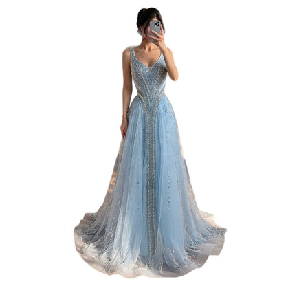 Luxury Light Blue Crystal Beaded V Neck A Line Evening Dress LA73824