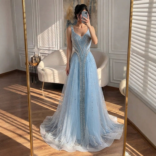 Luxury Light Blue Crystal Beaded V Neck A Line Evening Dress LA73824