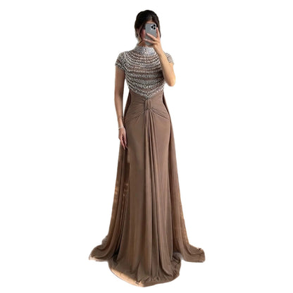 Luxury Caramel High-Neck Beaded Ruched Mermaid Evening Dress LA73825