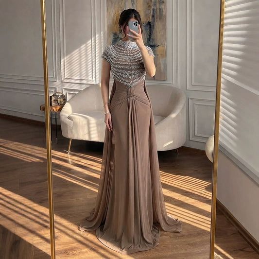 Luxury Caramel High-Neck Beaded Ruched Mermaid Evening Dress LA73825