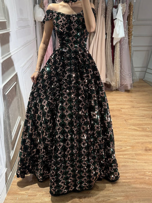 Luxury Off the Shoulder Sequined Beaded A Line Evening Dress LA73826