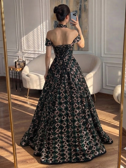 Luxury Off the Shoulder Sequined Beaded A Line Evening Dress LA73826