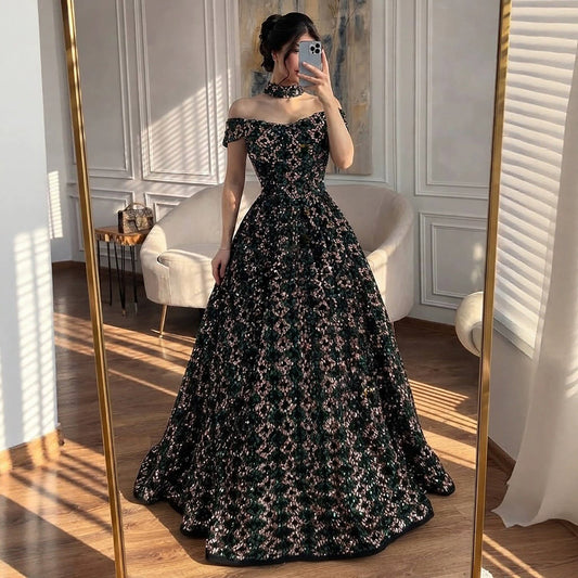 Luxury Off the Shoulder Sequined Beaded A Line Evening Dress LA73826