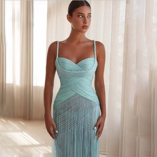 Luxury Tiffany Blue Ruched Beaded Fringe Mermaid Evening Dress LA73833