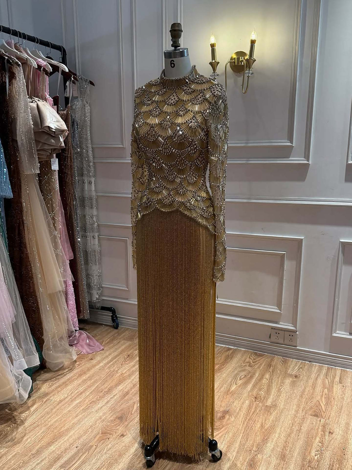 Luxury Gold Beaded High Neck Long Sleeve Tassel Evening Dress LA73834
