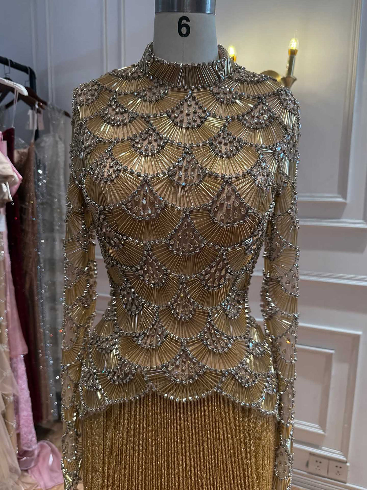 Luxury Gold Beaded High Neck Long Sleeve Tassel Evening Dress LA73834