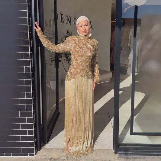 Luxury Gold Beaded High Neck Long Sleeve Tassel Evening Dress LA73834
