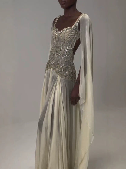 Luxury Butter Yellow Beaded A Line Evening Dress with Cape LA73836