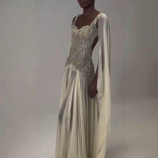 Luxury Butter Yellow Beaded A Line Evening Dress with Cape LA73836