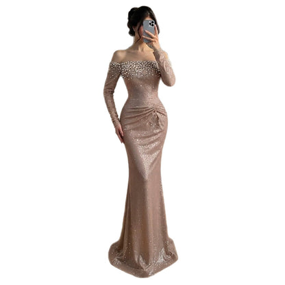 Luxury Rose Gold Off Shoulder Pearl Long Sleeve Mermaid Dress LA73837