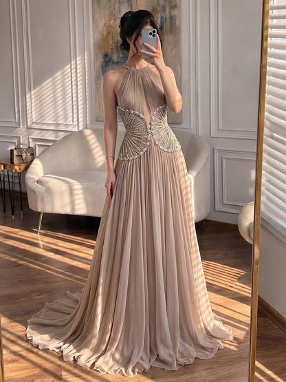 Luxury Nude Halter Beaded Pleated Chiffon A Line Evening Dress LA73838