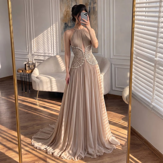 Luxury Nude Halter Beaded Pleated Chiffon A Line Evening Dress LA73838