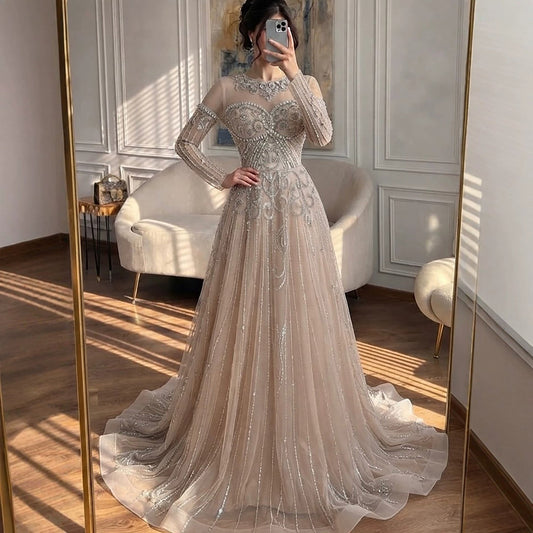 Luxury Nune Illusion Long Sleeve Beaded Baroque A Line Dress LA73840