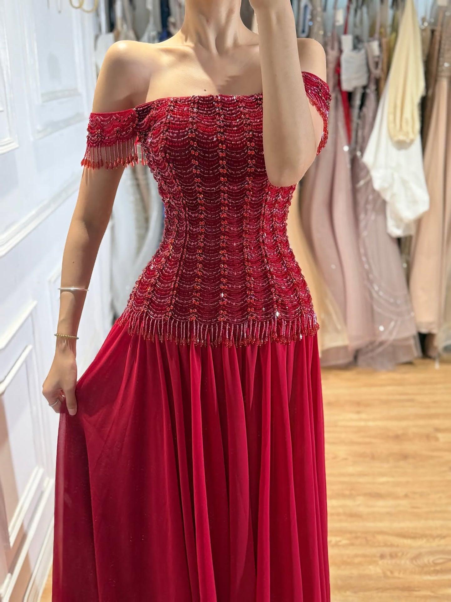 Luxury Pink Off The Shoulder Beaded Tassel Lace Up A Line Dress LA73842