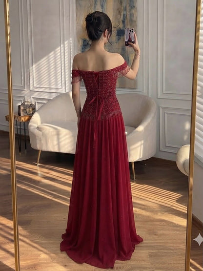 Luxury Pink Off The Shoulder Beaded Tassel Lace Up A Line Dress LA73842