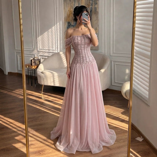 Luxury Pink Off The Shoulder Beaded Tassel Lace Up A Line Dress LA73842