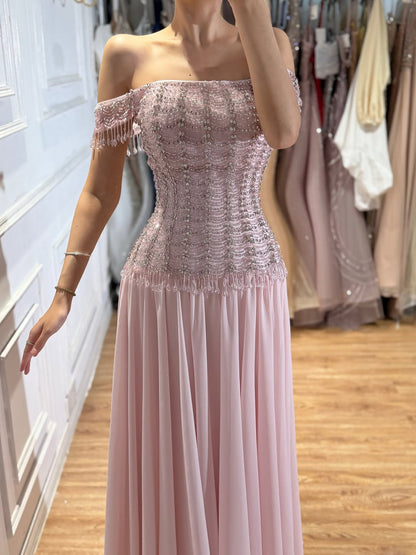 Luxury Pink Off The Shoulder Beaded Tassel Lace Up A Line Dress LA73842